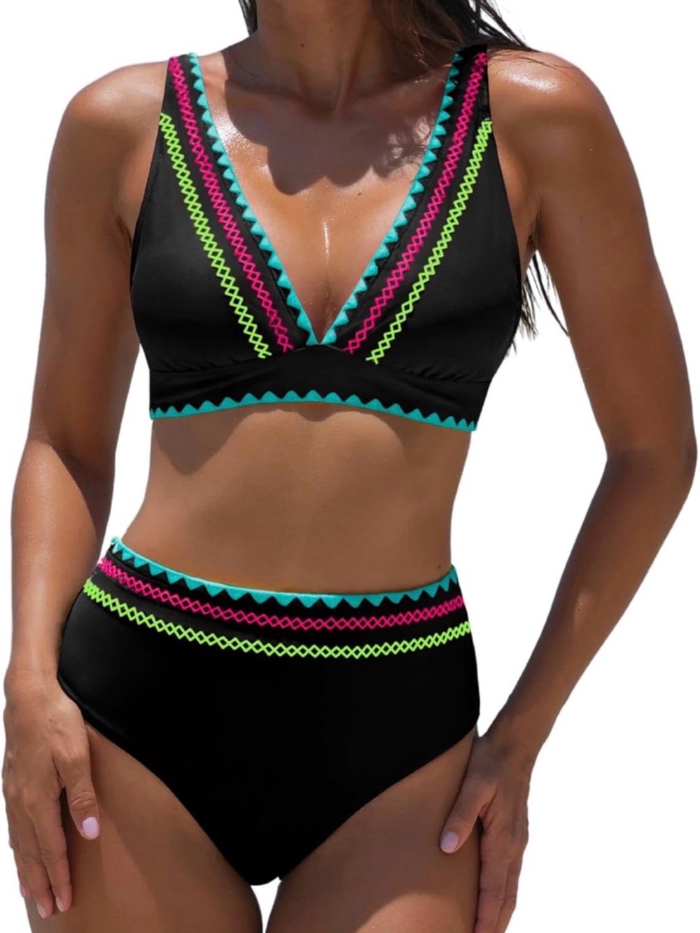 Black High-Waist Bikini with Neon Trim